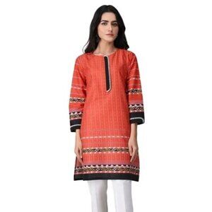 Orange 3/4 sleeves printed kurti kurta tunic blouse shirt‎ women size Medium